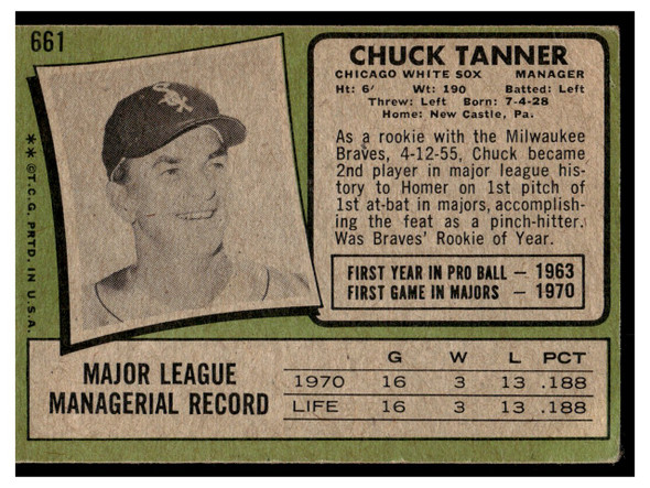 1971 Topps Chuck Tanner #661 Manager Low Grade back of card