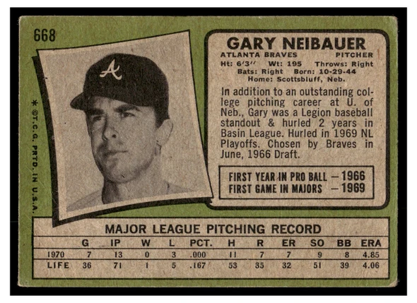 1971 Topps Gary Neibauer #668 Low Grade back of card