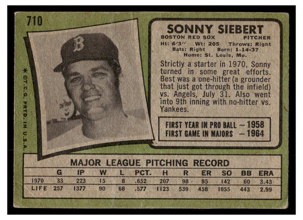 1971 Topps Sonny Siebert #710 Poor back of card
