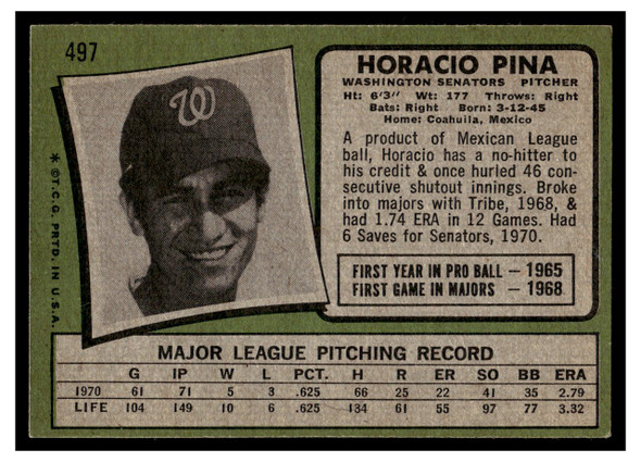 1971 Topps Horacio Pina #497 Rookie Card Low Grade back of card