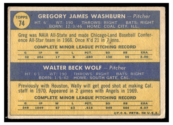 1970 Topps Greg Washburn / Wally Wolf #74 Rookie Stars Rookie Card Low Grade - Creases back of card