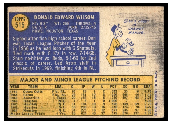 1970 Topps Don Wilson #515 Low Grade back of card