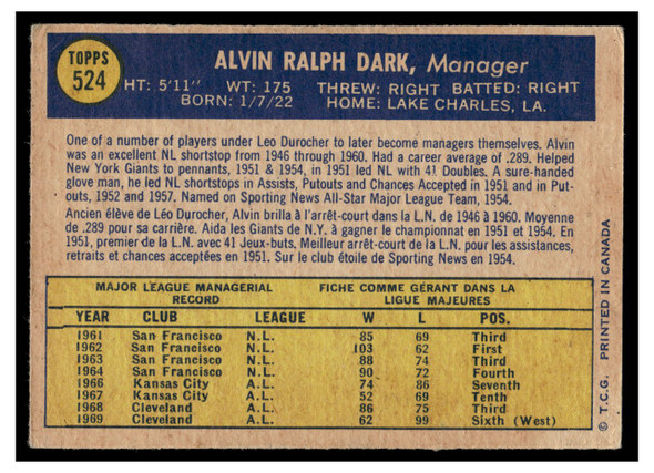 1970 O-Pee-Chee Alvin Dark #524 Low Grade back of card