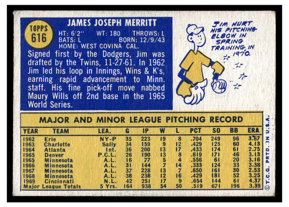 1970 Topps Jim Merritt #616 Low Grade - Creases back of card
