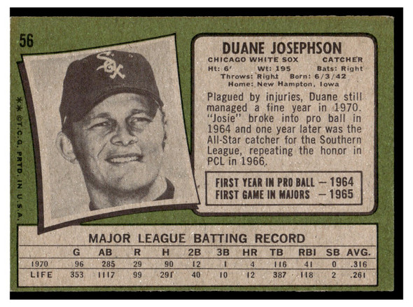 1971 Topps Duane Josephson #56 Low Grade back of card