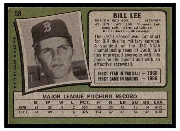 1971 Topps Bill Lee #58 Low Grade back of card