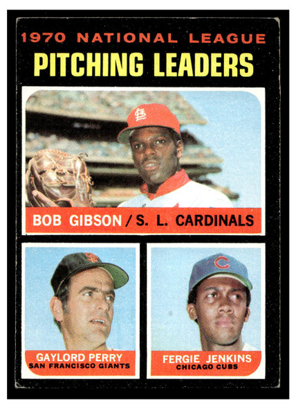 1971 Topps NL Pitching Leaders (Bob Gibson / Gaylord Perry / Fergie Jenkins) #70 League Leaders HOF Low Grade front of card