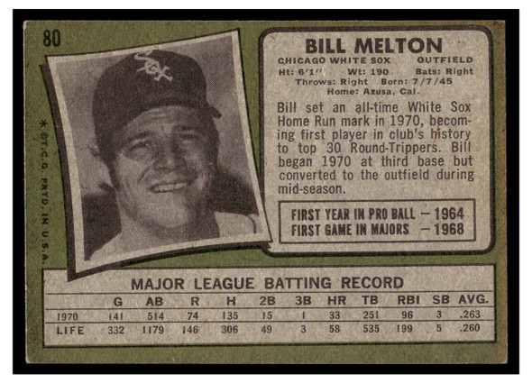 1971 Topps Bill Melton #80 Low Grade back of card