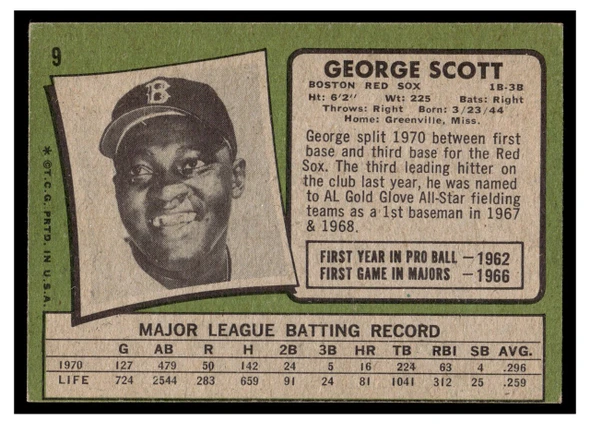1971 Topps George Scott #9 Low Grade back of card