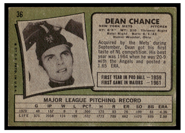 1971 Topps Dean Chance #36 Low Grade back of card