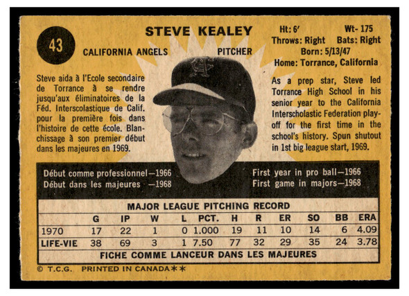 1971 O-Pee-Chee Steve Kealey #43 Low Grade back of card
