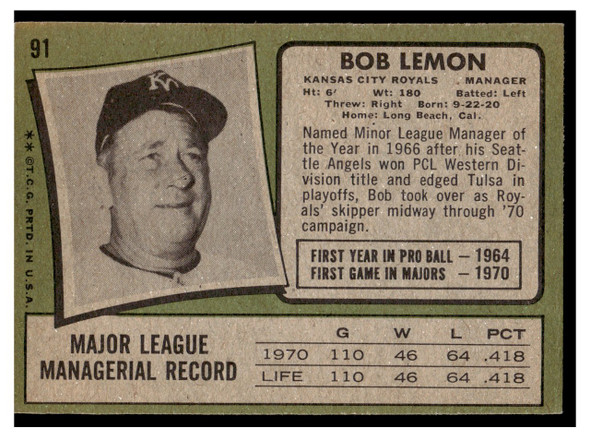 1971 Topps Bob Lemon #91 HOF Low Grade back of card