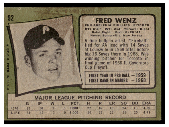 1971 Topps Fred Wenz #92 Low Grade back of card