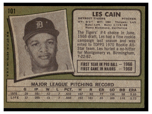 1971 Topps Les Cain #101 Low Grade back of card