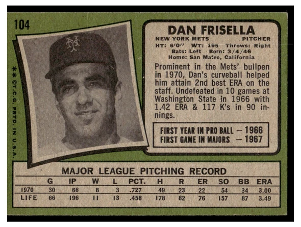1971 Topps Dan Frisella #104 Low Grade back of card