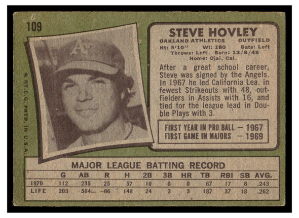 1971 Topps Steve Hovley #109 Low Grade back of card