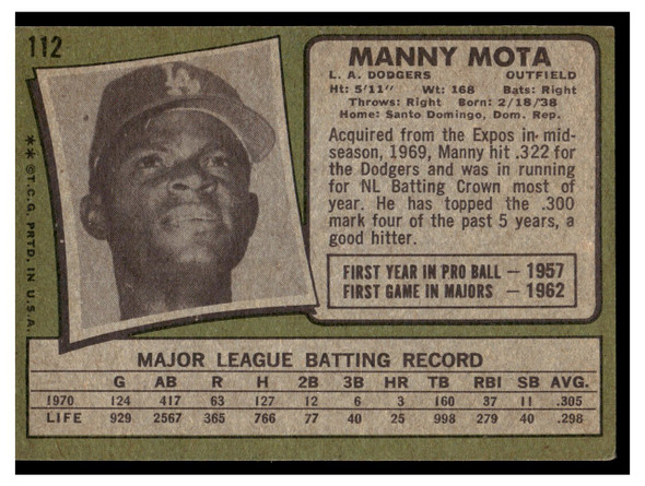 1971 Topps Manny Mota #112 Low Grade back of card
