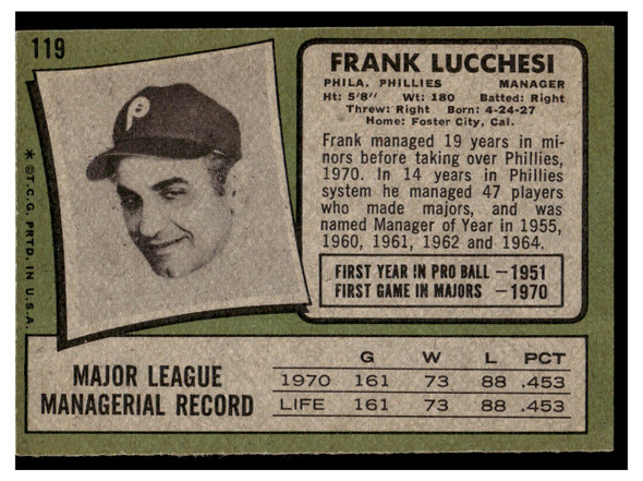 1971 Topps Frank Lucchesi #119 Low Grade back of card