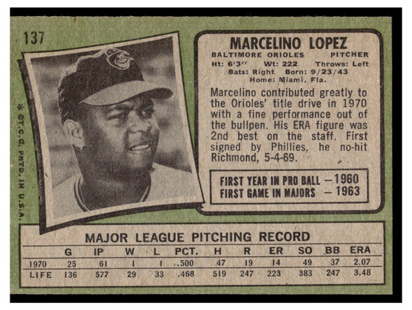 1971 Topps Marcelino Lopez #137 Low Grade back of card