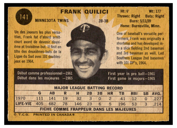 1971 O-Pee-Chee Frank Quilici #141 Low Grade back of card
