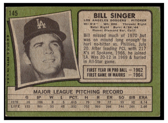 1971 Topps Bill Singer #145 Low Grade back of card