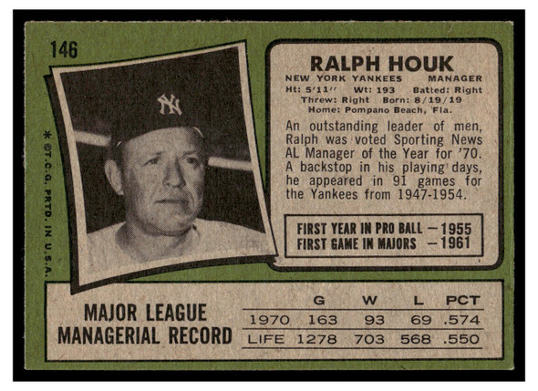 1971 Topps Ralph Houk #146 Low Grade back of card