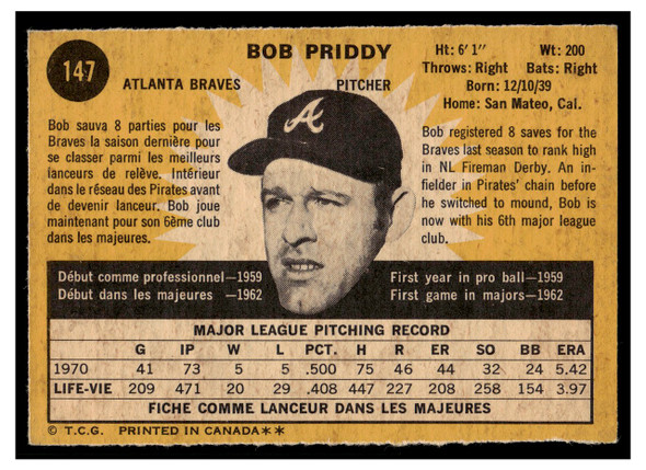 1971 O-Pee-Chee Bob Priddy #147 Low Grade back of card