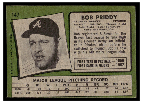1971 Topps Bob Priddy #147 Low Grade back of card