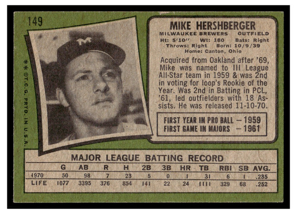 1971 Topps Mike Hershberger #149 Low Grade back of card