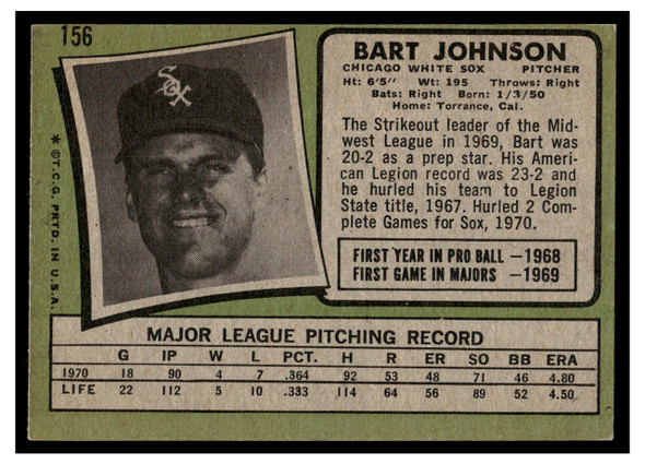 1971 Topps Bart Johnson #156 Rookie Card Low Grade - Creases back of card