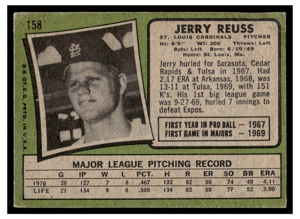 1971 Topps Jerry Reuss #158 Rookie Card Low Grade - Creases back of card