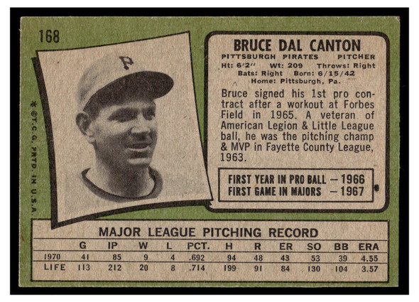 1971 Topps Bruce Dal Canton #168 Low Grade back of card