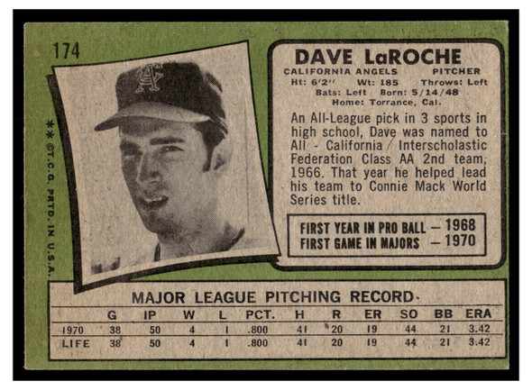 1971 Topps Dave LaRoche #174 Rookie Card VG back of card