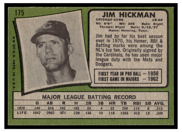 1971 Topps Jim Hickman #175 Low Grade back of card
