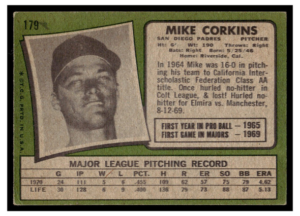 1971 Topps Mike Corkins #179 Rookie Card Low Grade back of card