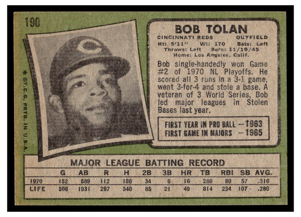 1971 Topps Bob Tolan #190 Low Grade back of card