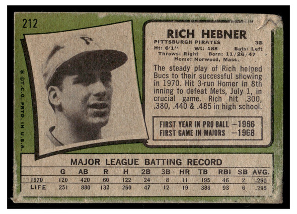 1971 Topps Rich Hebner #212 Poor back of card