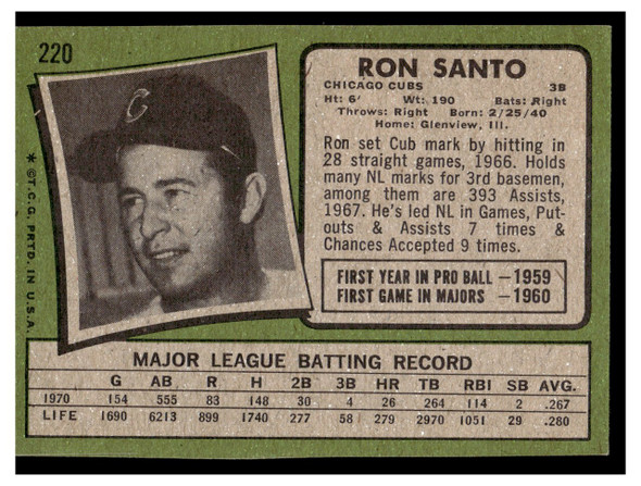 1971 Topps Ron Santo #220 HOF Low Grade back of card
