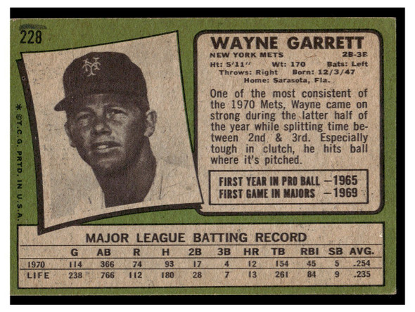 1971 Topps Wayne Garrett #228 Low Grade - Creases back of card