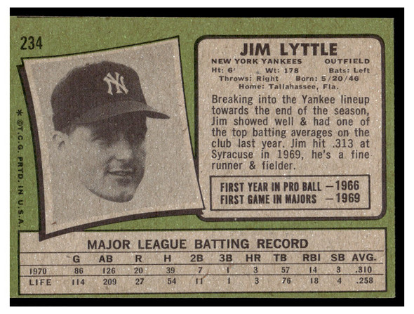 1971 Topps Jim Lyttle #234 Rookie Card Low Grade back of card