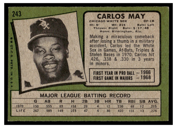 1971 Topps Carlos May #243 VG back of card