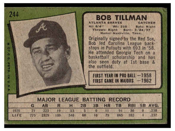 1971 Topps Bob Tillman #244 Poor back of card