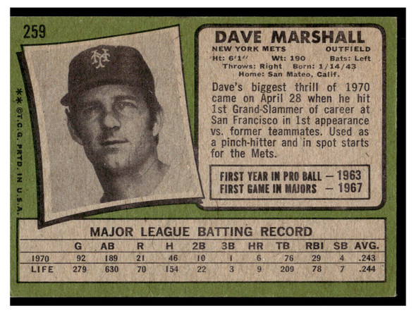 1971 Topps Dave Marshall #259 Low Grade back of card