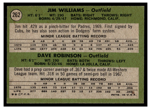 1971 Topps Jim Williams / David Tanner Robinson #262 Low Grade back of card