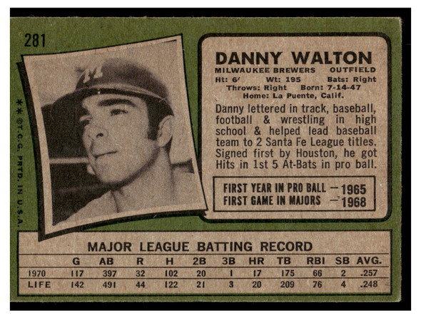 1971 Topps Danny Walton #281 Low Grade - Creases back of card