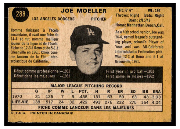 1971 O-Pee-Chee Joe Moeller #288 Low Grade back of card