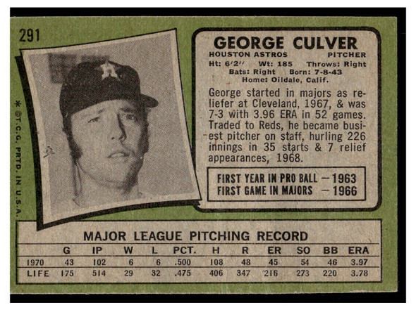 1971 Topps George Culver #291 Low Grade - Creases back of card