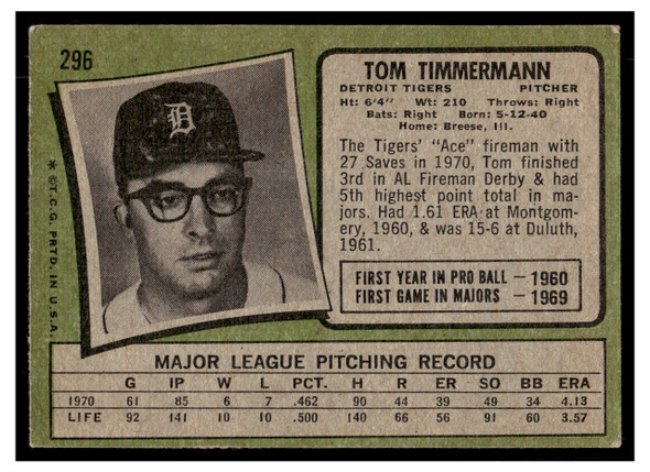 1971 Topps Tom Timmermann #296 Low Grade back of card