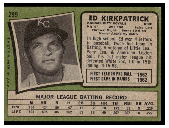 1971 Topps Ed Kirkpatrick #299 Low Grade - Creases back of card