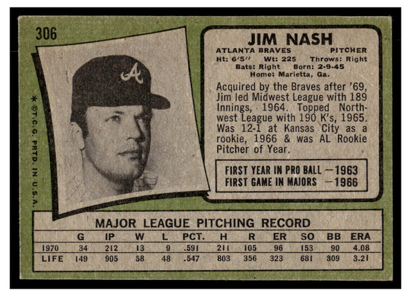 1971 Topps Jim Nash #306 Low Grade back of card
